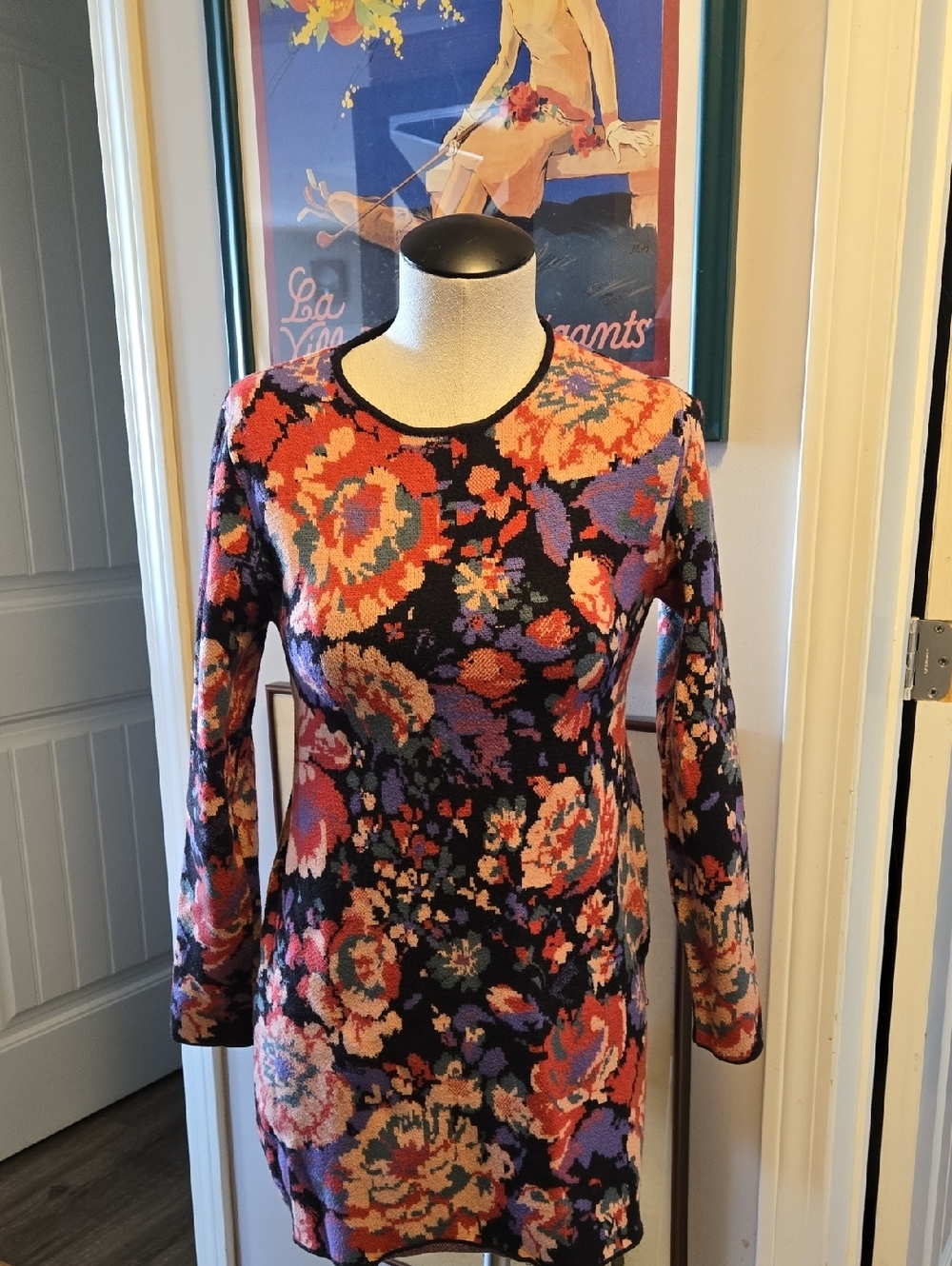 Zara Medium Floral Knit Long-Sleeve Bodycon Dress - Black/Purple/Pink Knit
